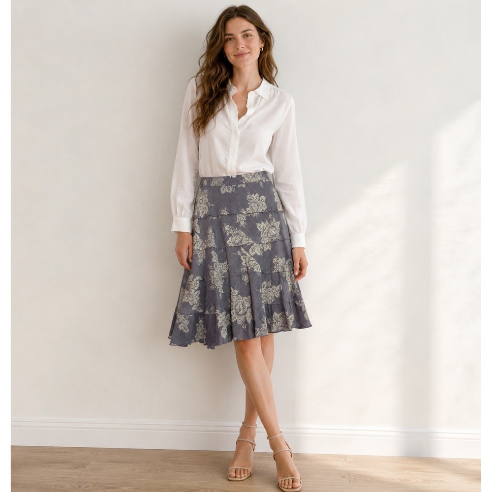 Studio West Apparel Blue Floral Tiered‎ Cotton Midi Skirt Small Boho Cottagecore